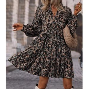 Boho floral print Bishop sleeve ruffle hem dress
